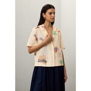 RHODE Off-White Graphic Whimsical Patches Front Button Collared Nola Top Size L